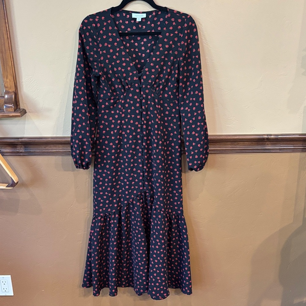 TOPSHOP Black Dress with Red Roses Pattern